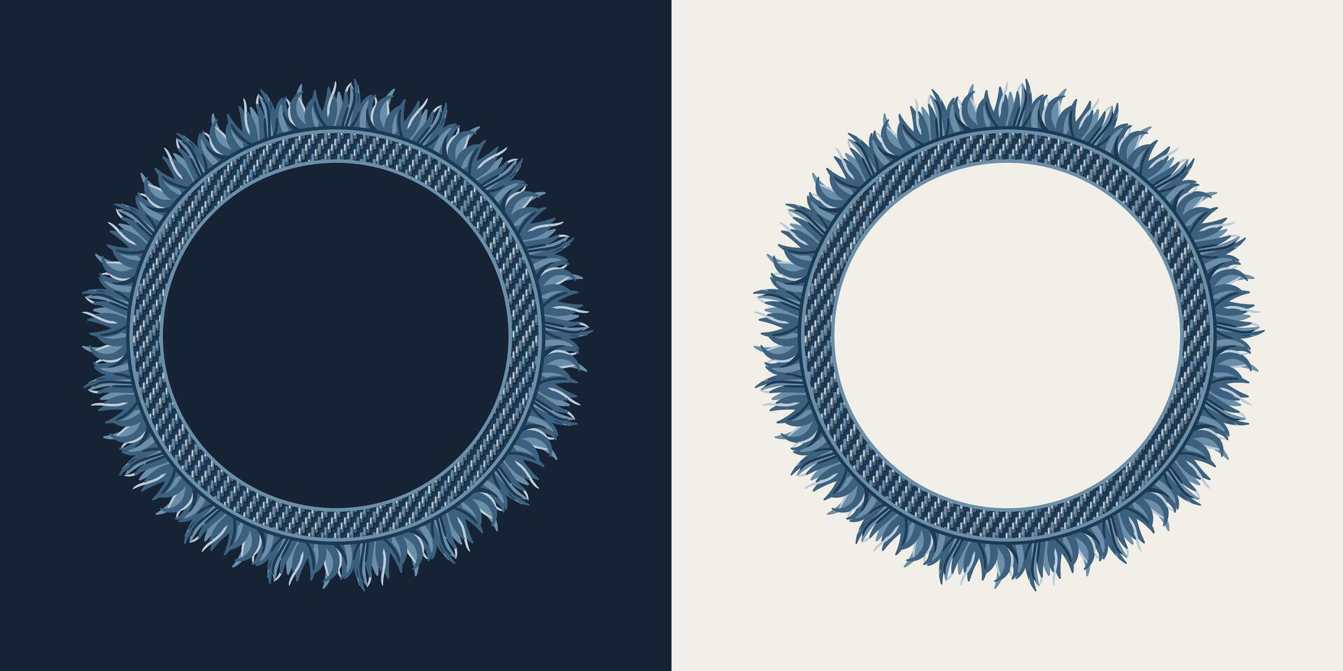 Circular frame in denim style with fringe, topstitching. White, dark background. Vintage style. vector