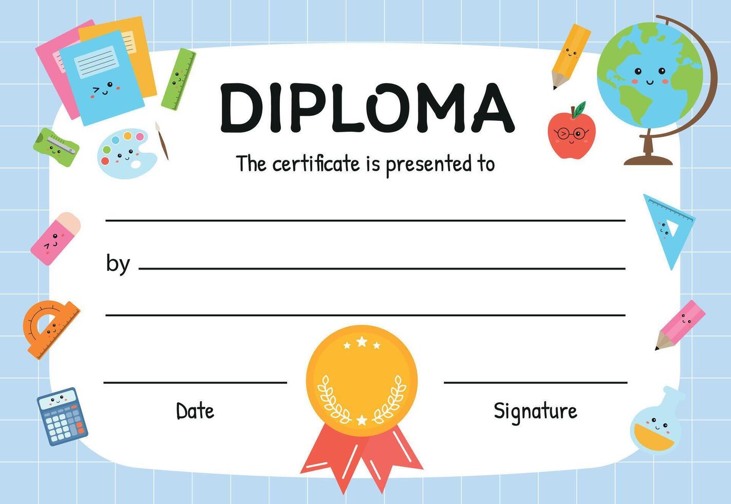 diploma modelo para niños, certificado de apreciación para escuela, preescolar, jardín de infancia, jardín de infancia, primario Los grados, verano acampar. niños diploma antecedentes. certificado de logro en competencia. vector