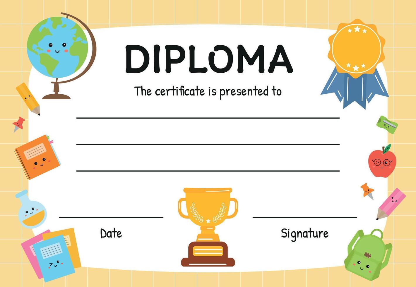 Diploma template for kids, certificate of appreciation. Certificate of achievement in competition. Modern colorful template for school, preschool, playschool, kindergarten, primary grades, summer camp vector