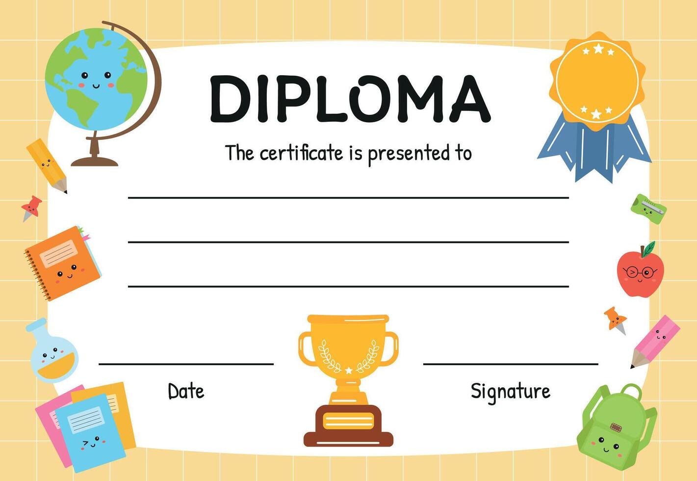 diploma modelo para niños, certificado de apreciación. certificado de logro en competencia. moderno vistoso modelo para escuela, preescolar, jardín de infancia, jardín de infancia, primario Los grados, verano acampar vector