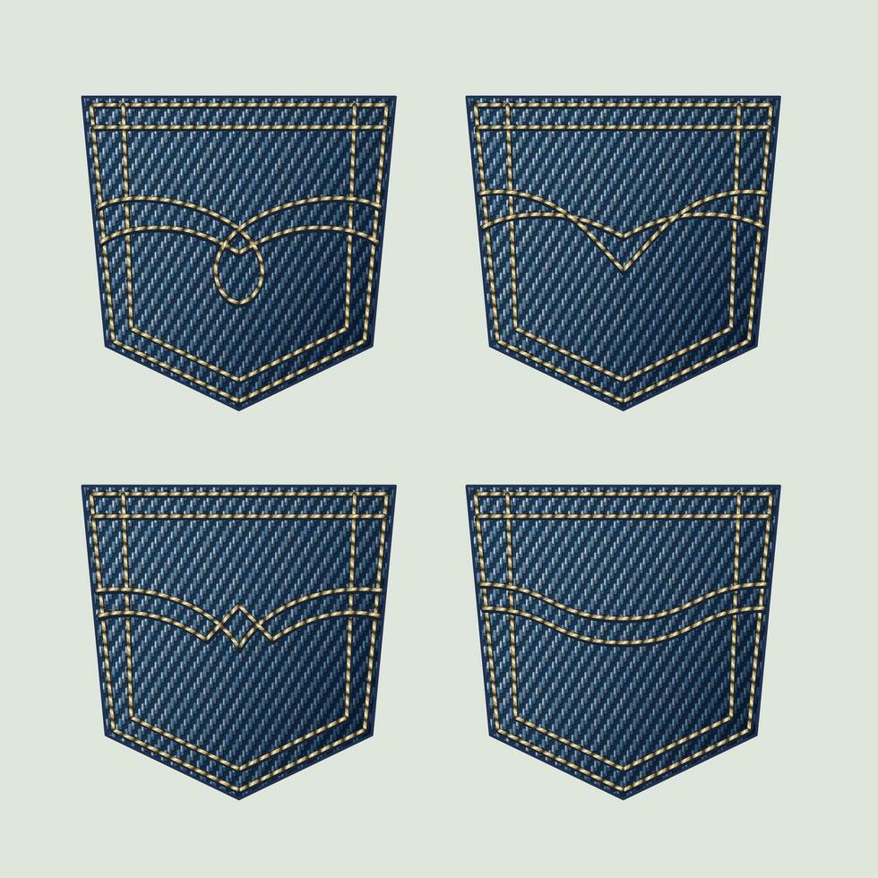 Denim back pockets with various yellow thread stitches, topstitching. Set of design elements in vintage style. vector