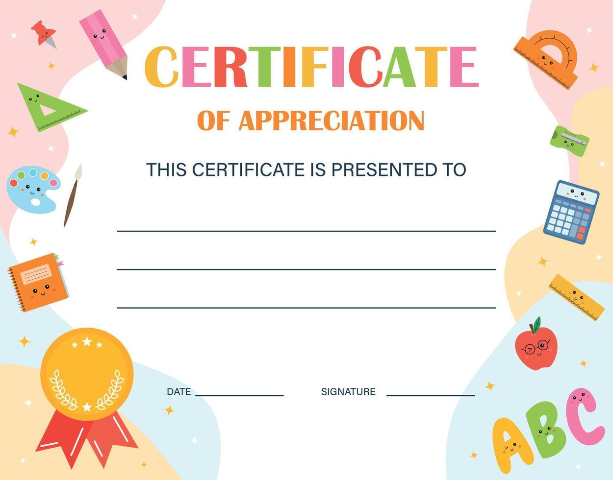 Diploma template for kids, certificate of appreciation. Certificate of achievement in competition. Modern colorful template for school, preschool, playschool, kindergarten, primary grades, summer camp vector