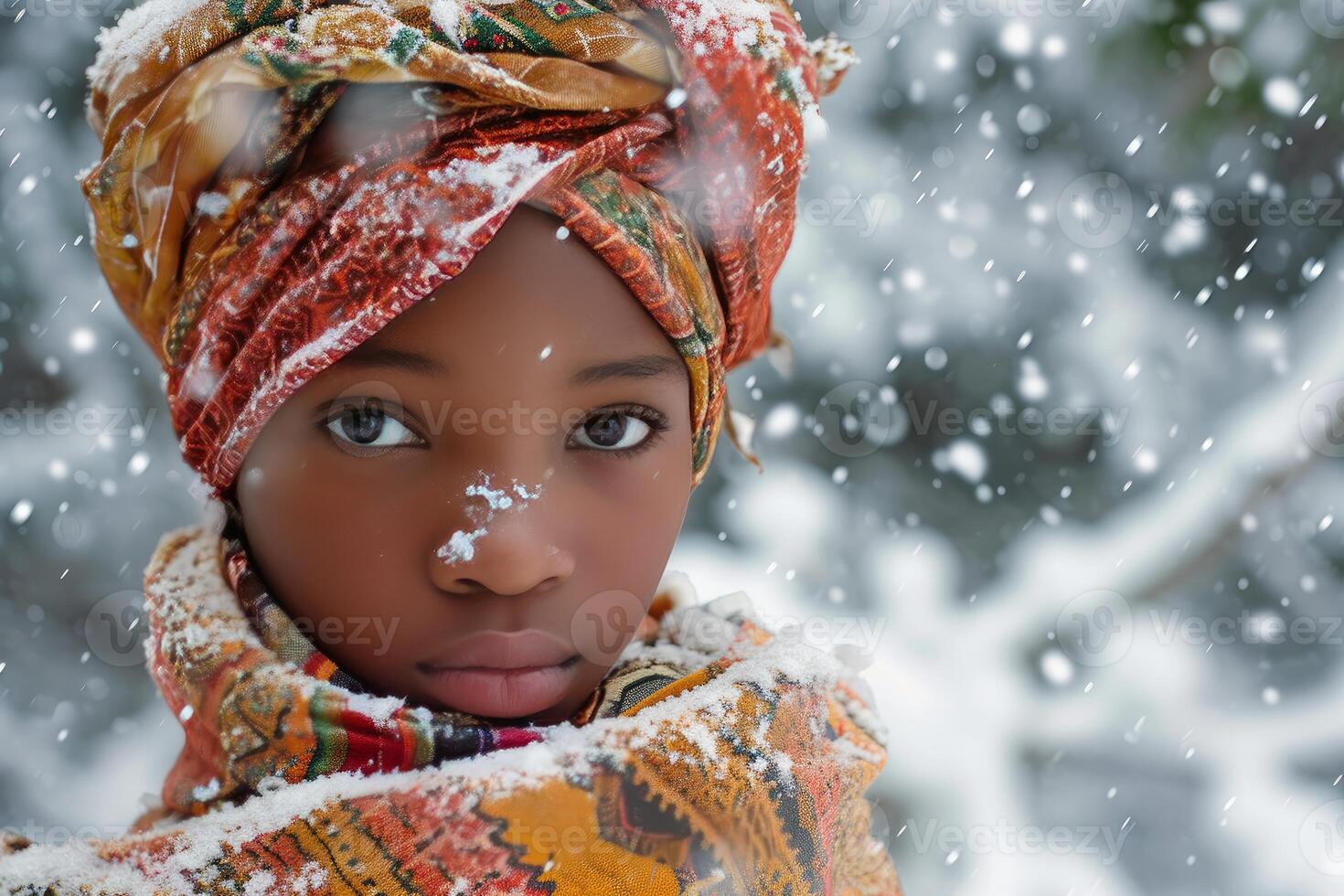 AI generated African girl winter snow. Generate Ai photo