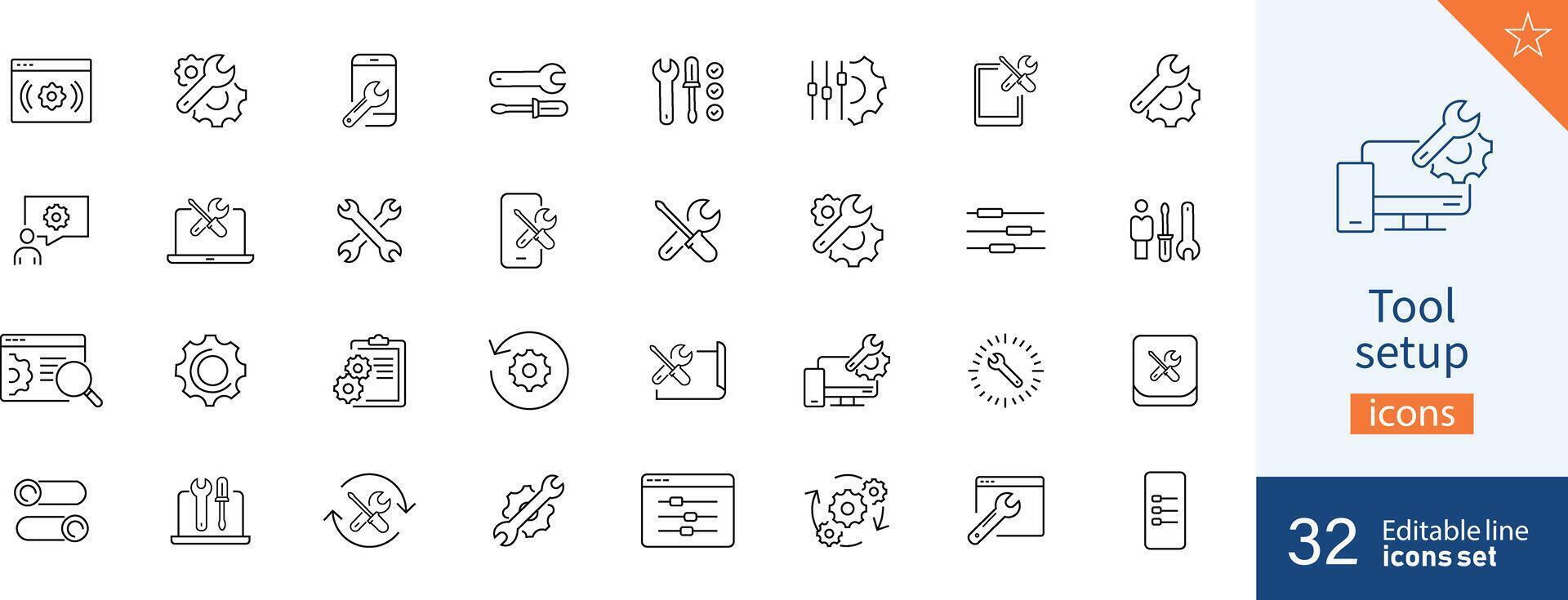 Set of 32 Tool Setup web icons in line style. Icon symbol, arranging, order, customized. Vector illustration.