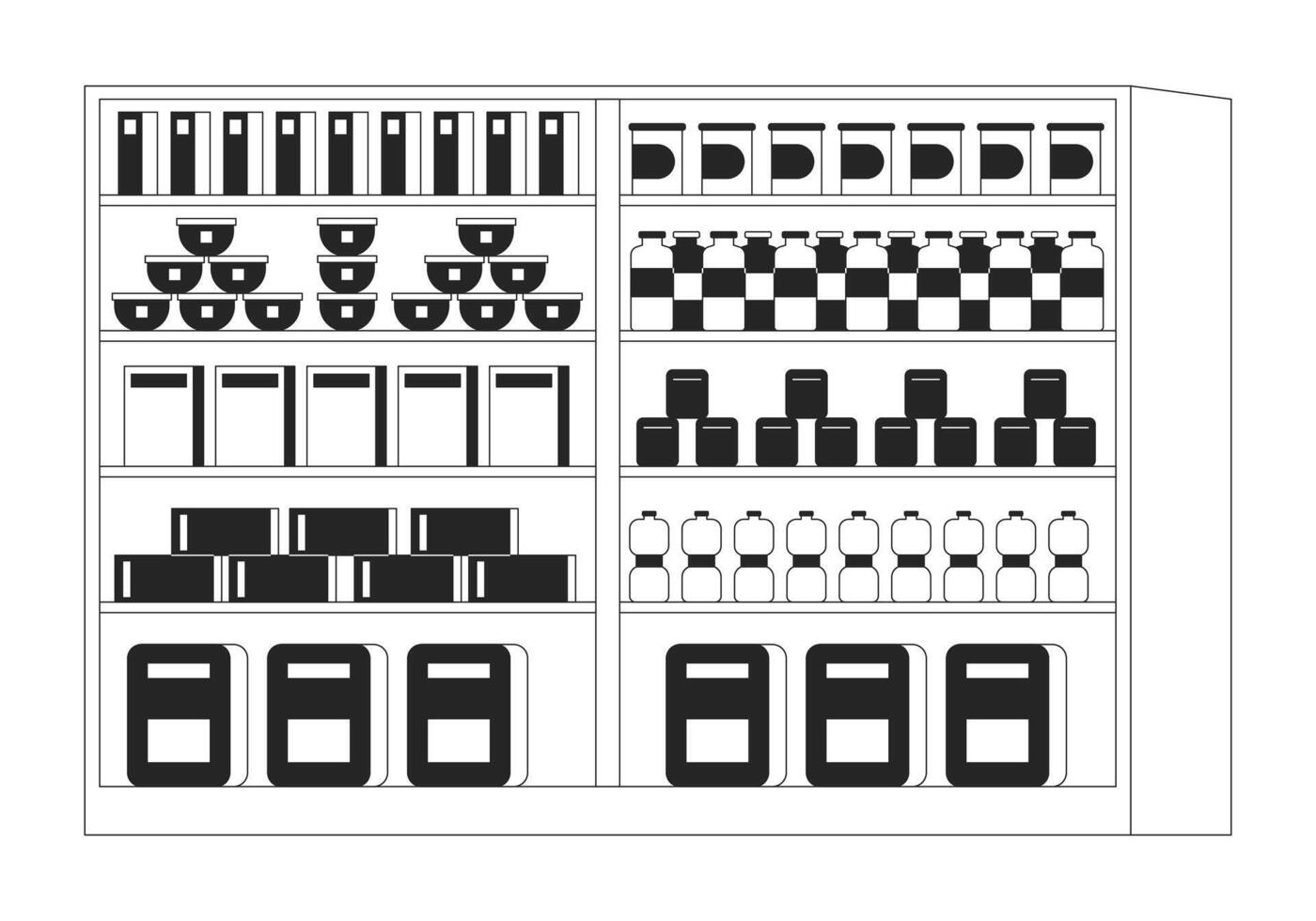 Supermarket shelves black and white 2D line cartoon object. Grocery store rack isolated vector outline item. Grocerys product display. Shop foodstuff merchandising monochromatic flat spot illustration