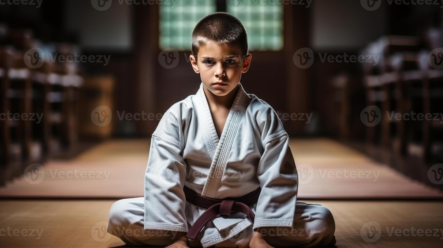 AI generated Japanese boy in traditional white kimono practicing sambo, jiu jitsu, karate martial arts technique in outdoor setting photo
