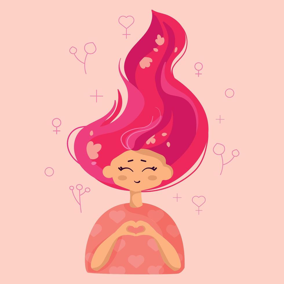 linda personaje niña demostración corazón con manos.joven mujer con rosado pelo con corazón conformado manos.vector ilustración en plano estilo. inspirar inclusión concepto vector