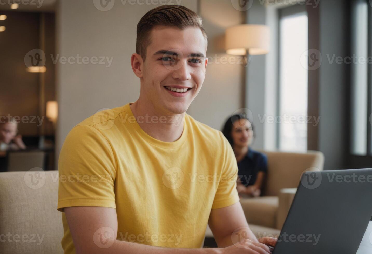 AI Generated A content man working on his laptop, representing focused productivity and modern workstyle. photo