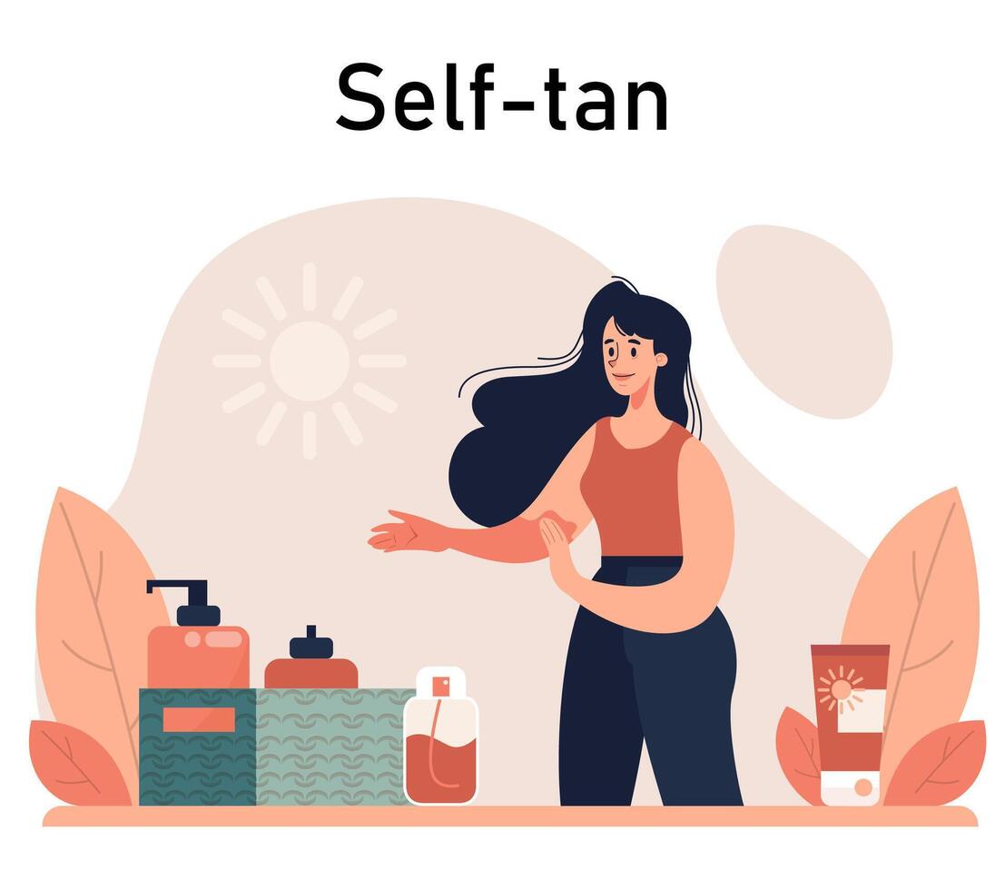 Self-tan set.. Beautiful woman applying self-tanner lotion. Artificial tan vector