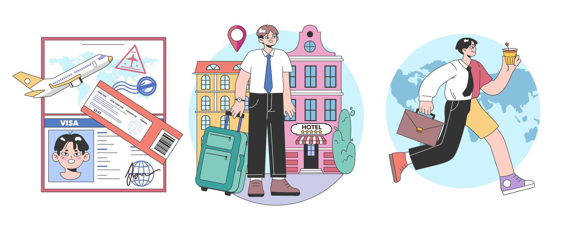 Bleisure travel set. Business and sightseeing trip. Workation, digital vector