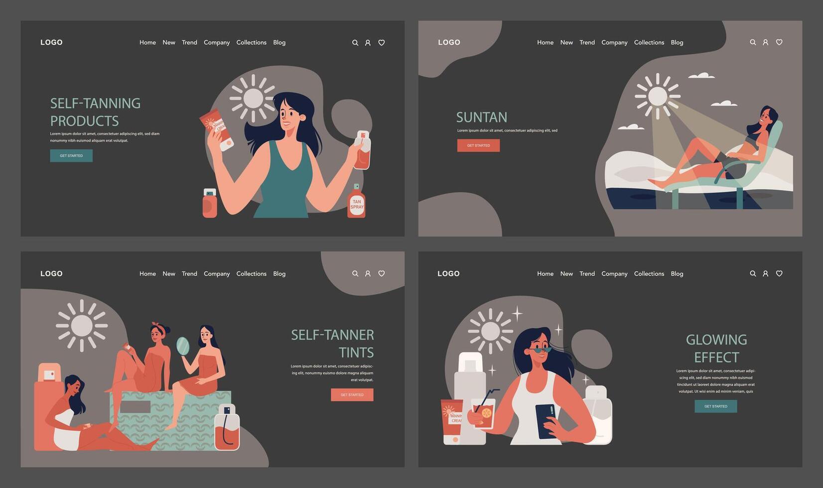 Self-tan web banner or landing page dark or night mode set. Beautiful vector