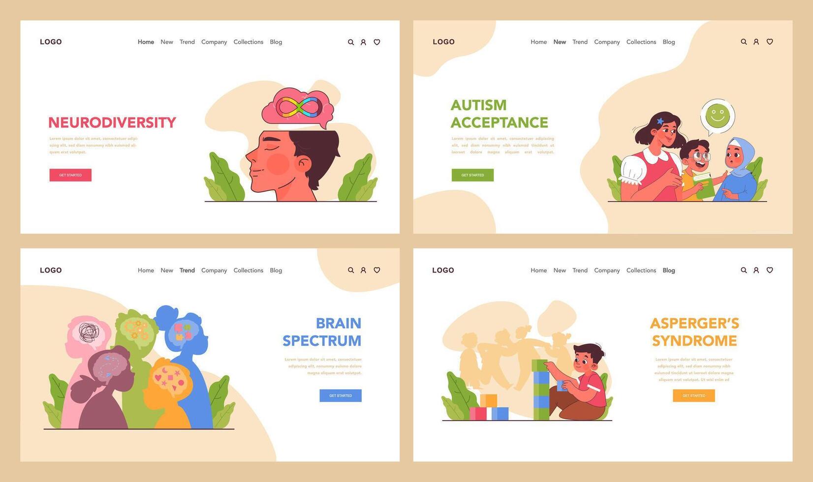 Neurodiversity web banner or landing page set. Cognitive development vector