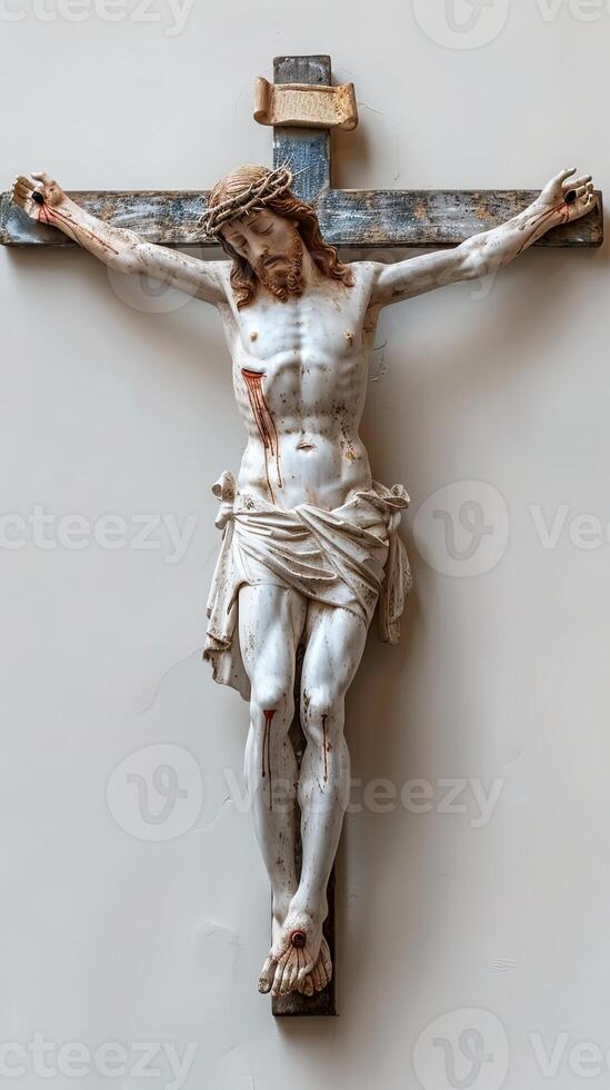 AI generated Sculpture of Jesus Christ on the cross. Crucifix of the Savior. Concept of Easter, divinity, faith, crucifixion, redemption, resurrection, religious, Christian beliefs. White background photo