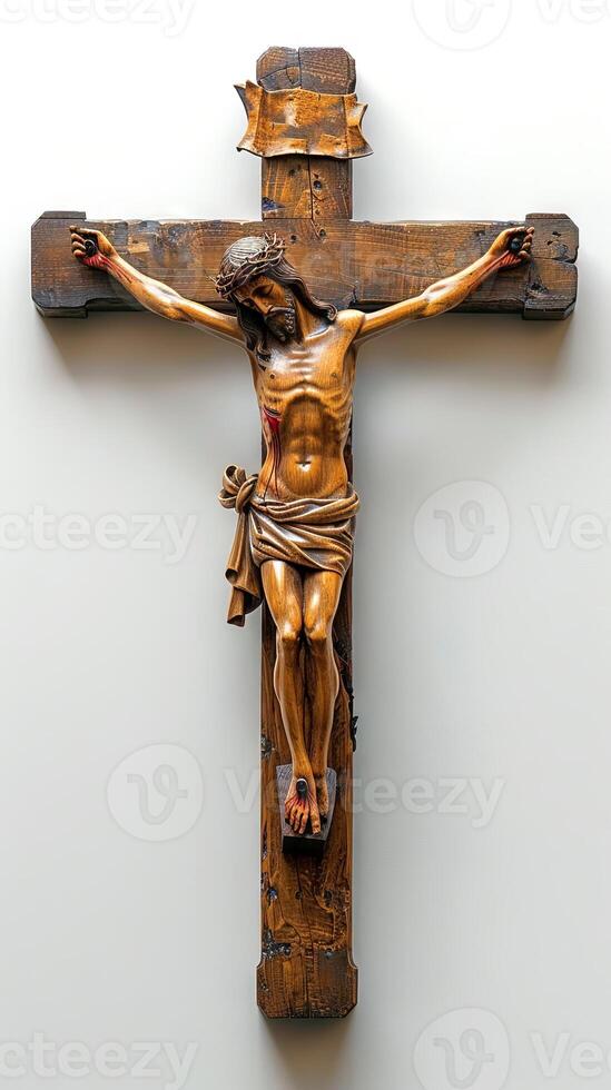 AI generated Crucified Jesus Christ, carved in wood. Sculpture of Christ on cross. Crucifix of the Savior. Concept of Easter, divinity, crucifixion, redemption, religious. Isolated on White backdrop photo