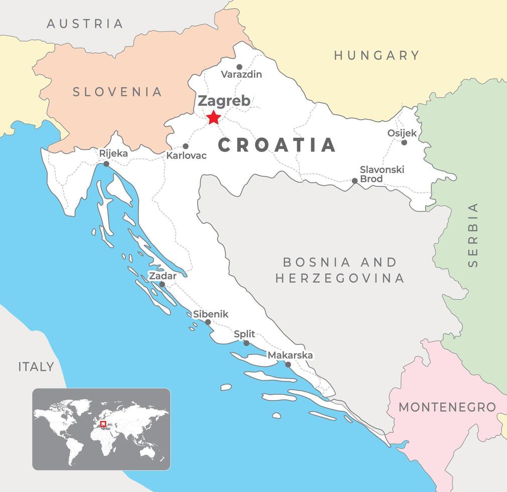 Croatia Map with capital Zagreb, most important cities and national borders vector