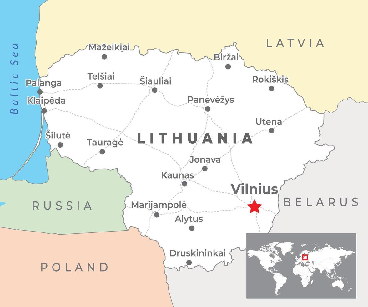 Lithuania political map with capital Vilnius, most important cities and national borders vector