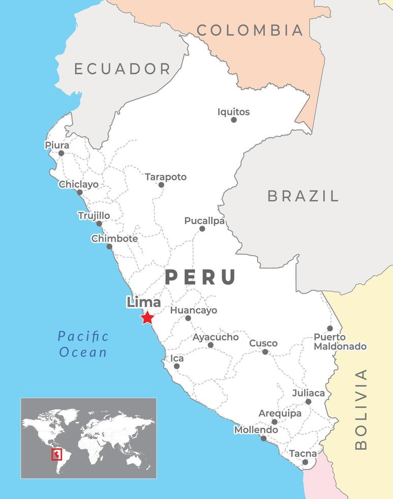 Peru map with capital Lima, most important cities and national borders vector