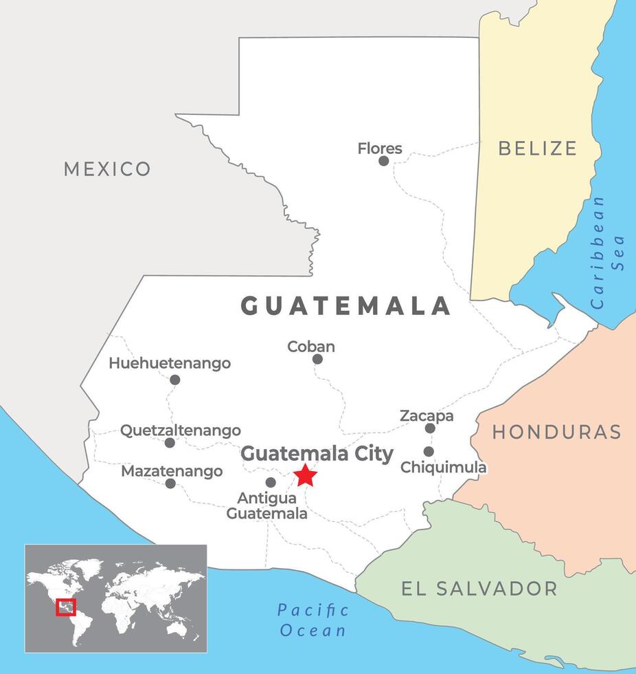 Guatemala político mapa con capital Guatemala ciudad, más importante ciudades y nacional fronteras vector