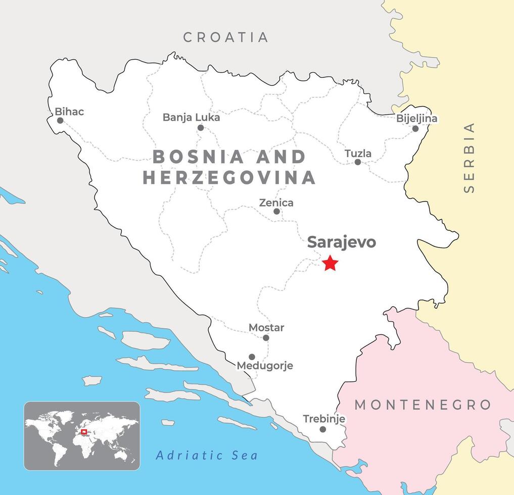 Bosnia and Herzegovina Political Map with capital Sarajevo, most important cities and national borders vector