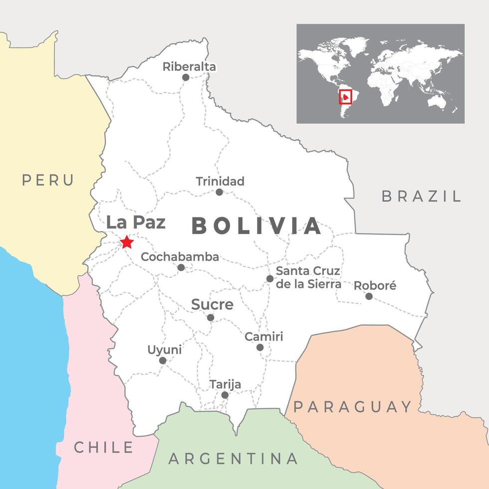 Bolivia map with capital La Paz, most important cities and national borders vector