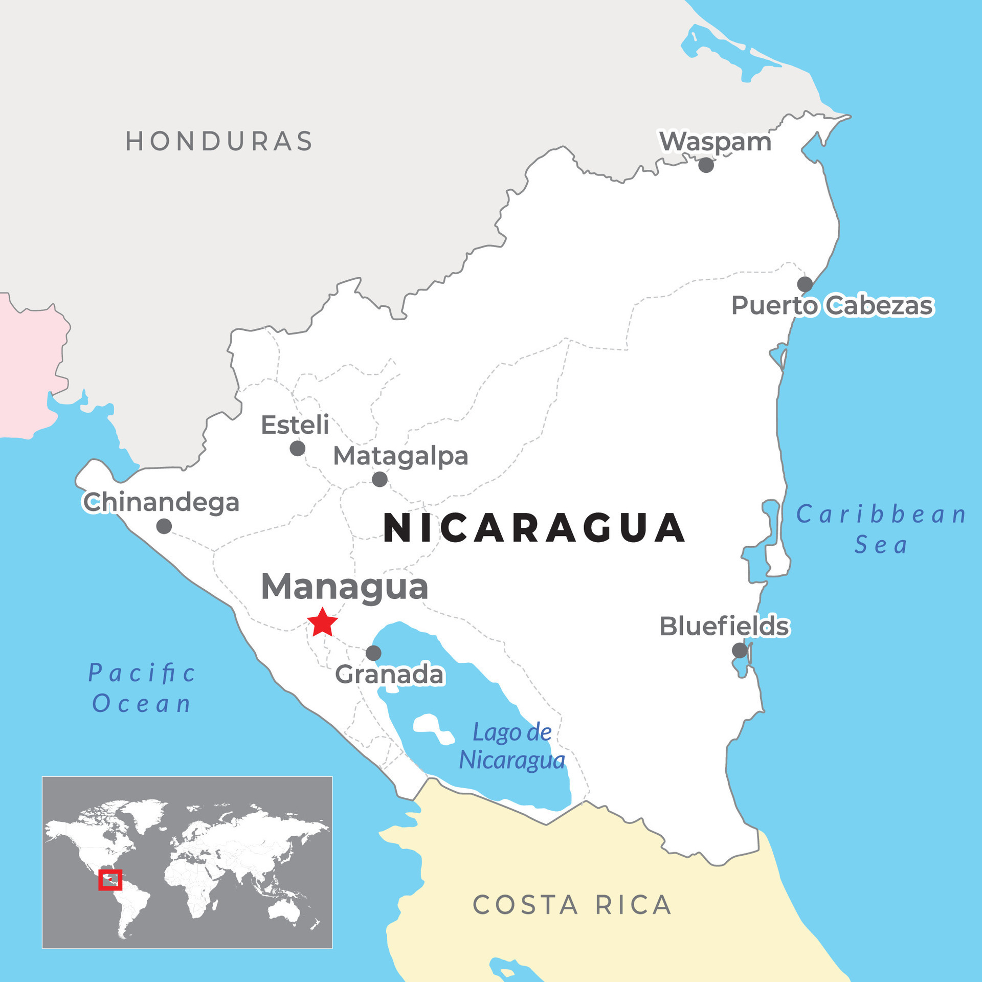 Nicaragua Political Map With Capital Managua With National Borders Nicaragua Political Map With Capital Managua Most Important Cities And National Borders Vector