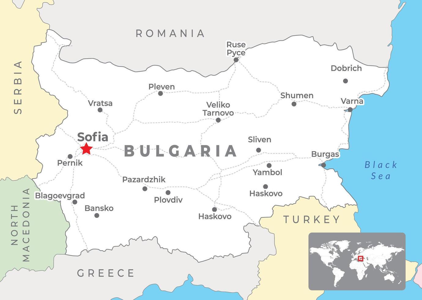 Bulgaria Political Map with the capital Sofia, most important cities and national borders vector