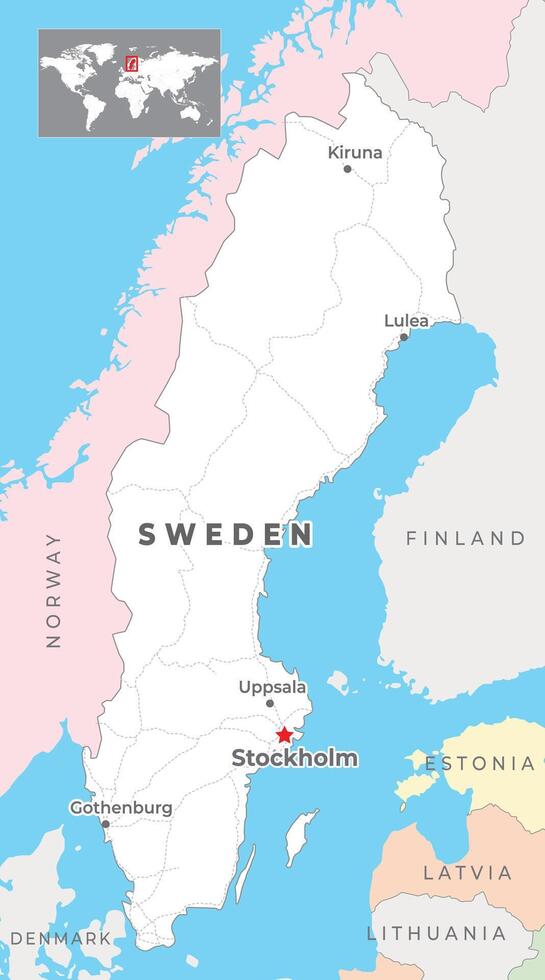 Suecia político mapa con capital Estocolmo, más importante ciudades y nacional fronteras vector