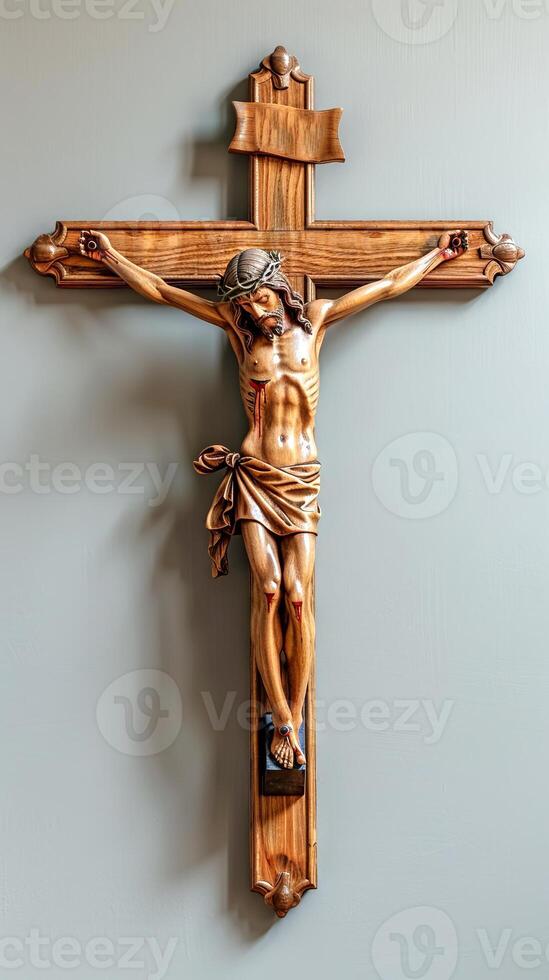 AI generated Crucified Jesus Christ, carved in wood. Sculpture of Christ on cross. Crucifix of the Savior. Concept of Easter, divinity, faith, crucifixion, redemption, religious. Plane light backdrop photo