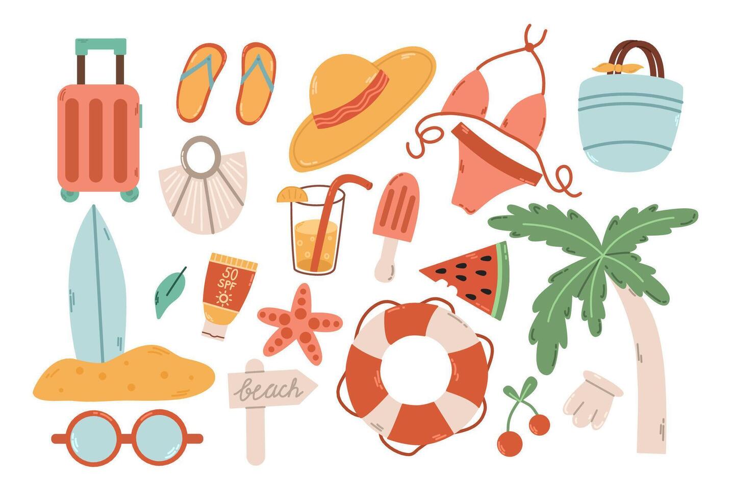 Summertime set graphic elements in flat design.Collection of scrapbooking elements for beach party cocktail,bag,bikini,beach hat, ice cream,.Tropical vacation. vector