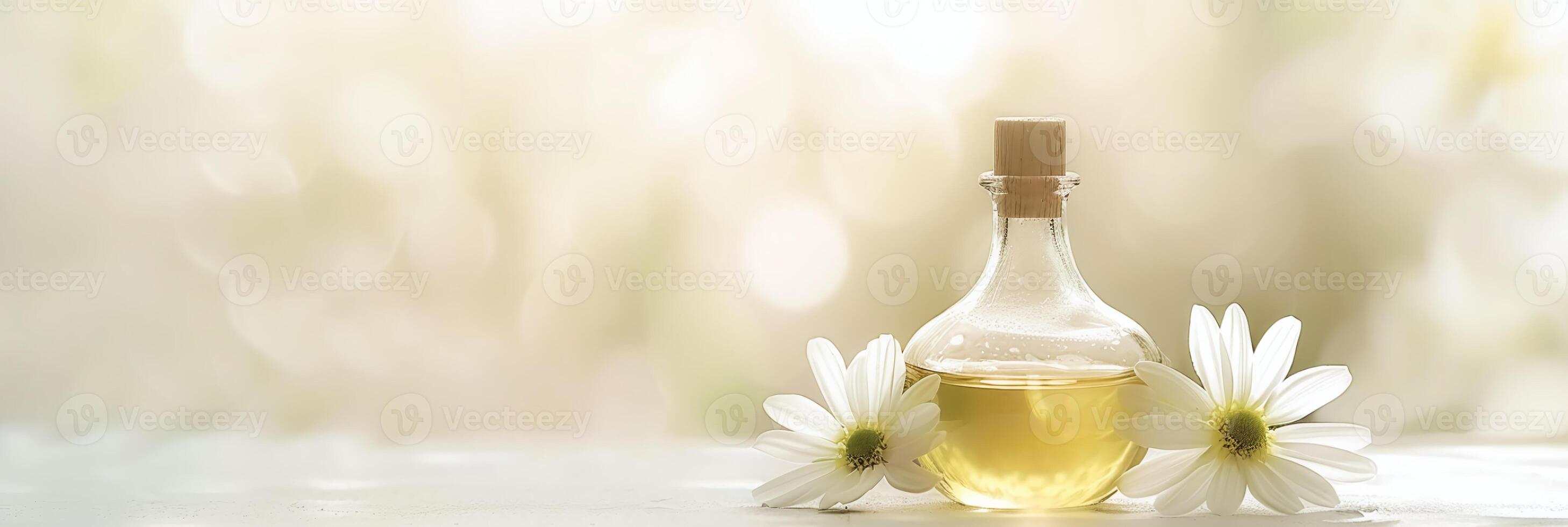 AI generated Bright and serene spa banner with essential oil, daisies, and soft focus for a relaxing, health-centric atmosphere. photo