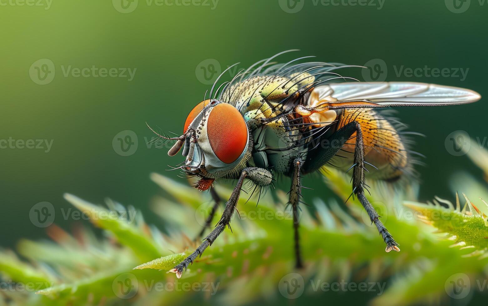 AI generated A clear macro shot depicts a housefly fastidiously cleaning its wing amidst bright green foliage photo