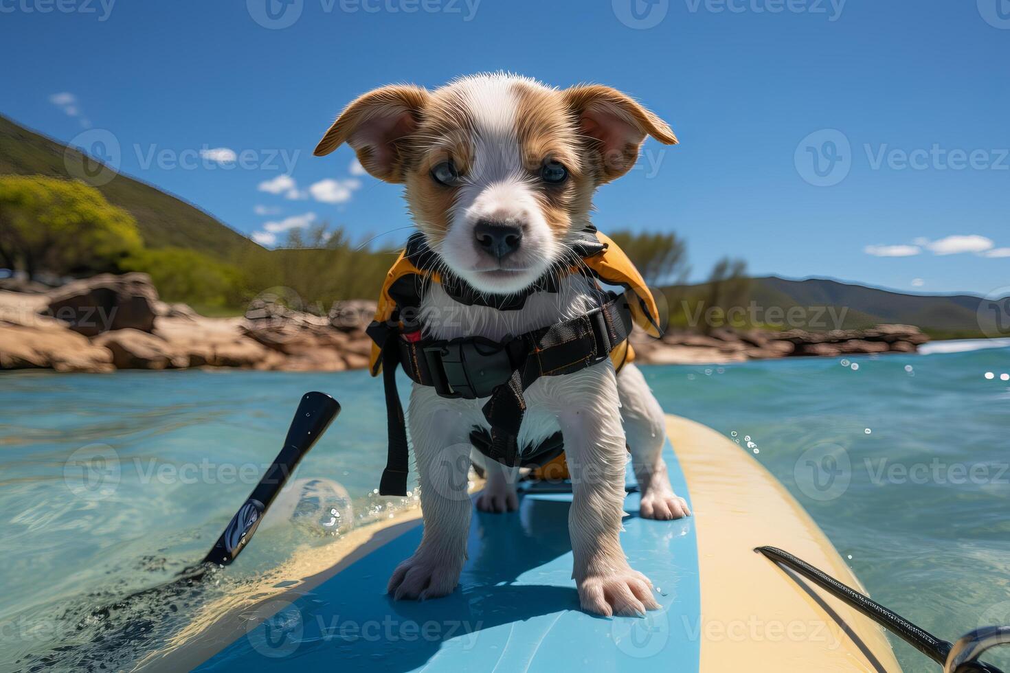 AI generated Adorable dog catching a wave, perfect for surfer-themed designs,with space for captions photo