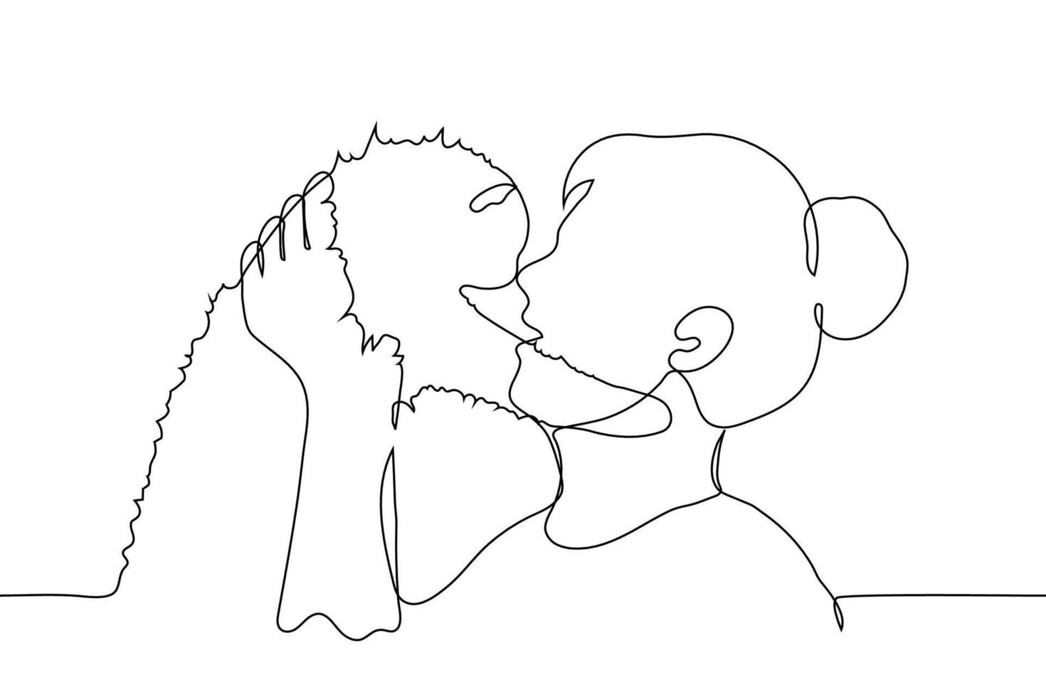 woman pokes her nose into the nose of a fluffy cat - one line drawing vector. female pet owner holding kitten vector