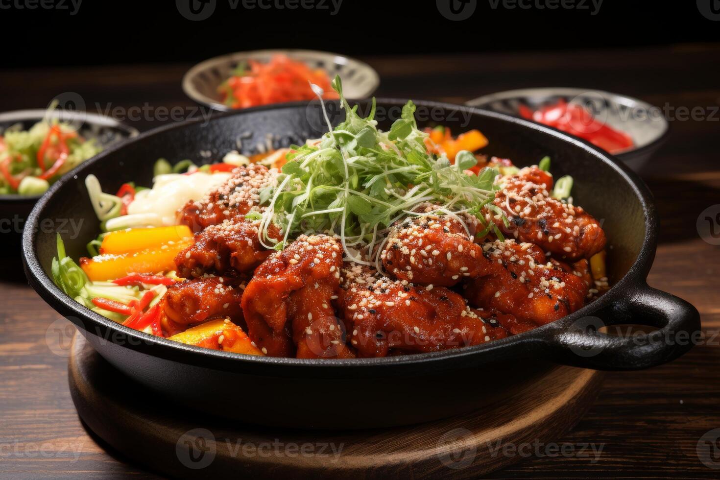 AI generated Delicious and appetizing dakgalbi. traditional south korean spicy stir-fried chicken dish photo