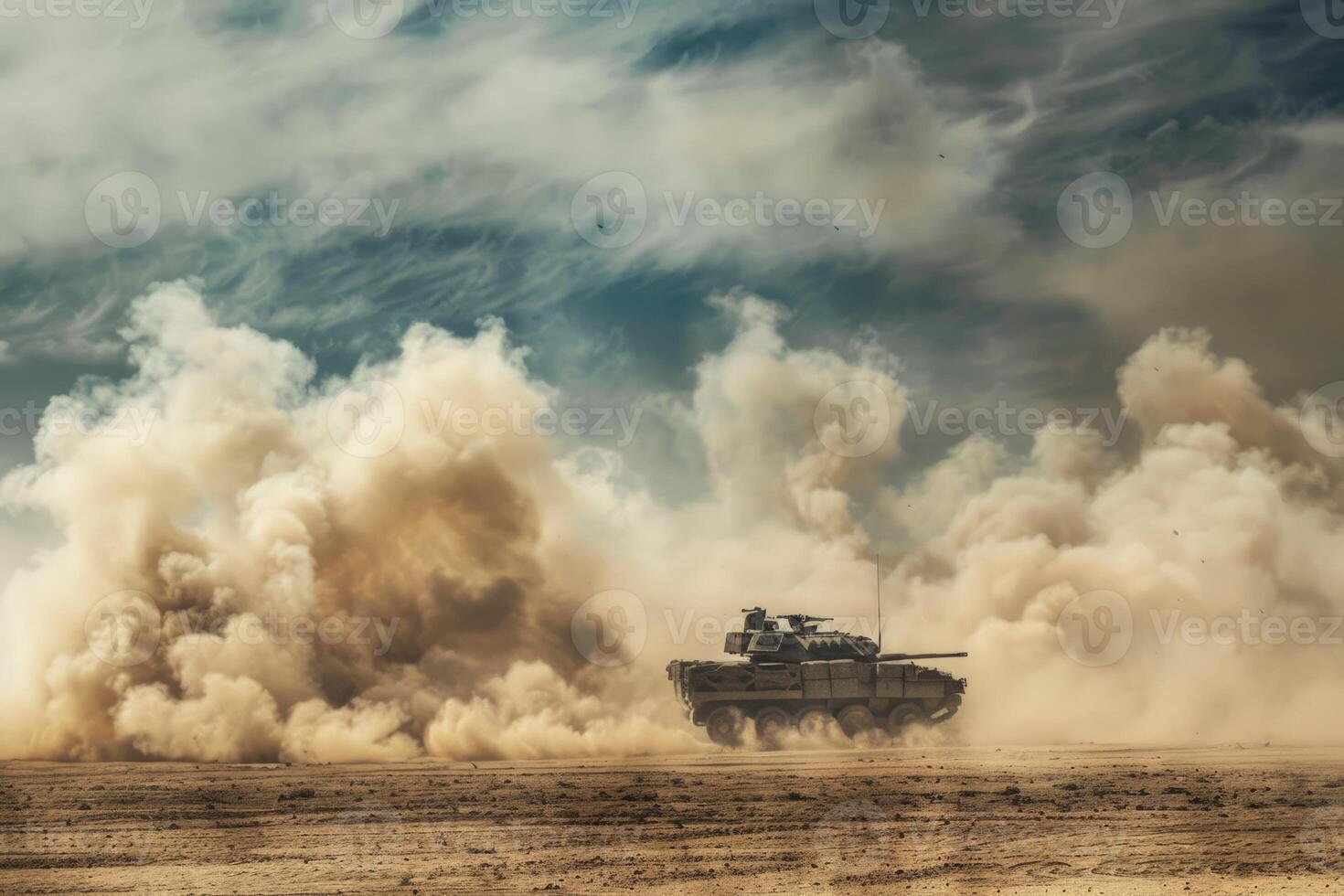 AI generated military armored vehicle in the desert, dust and smoke around photo