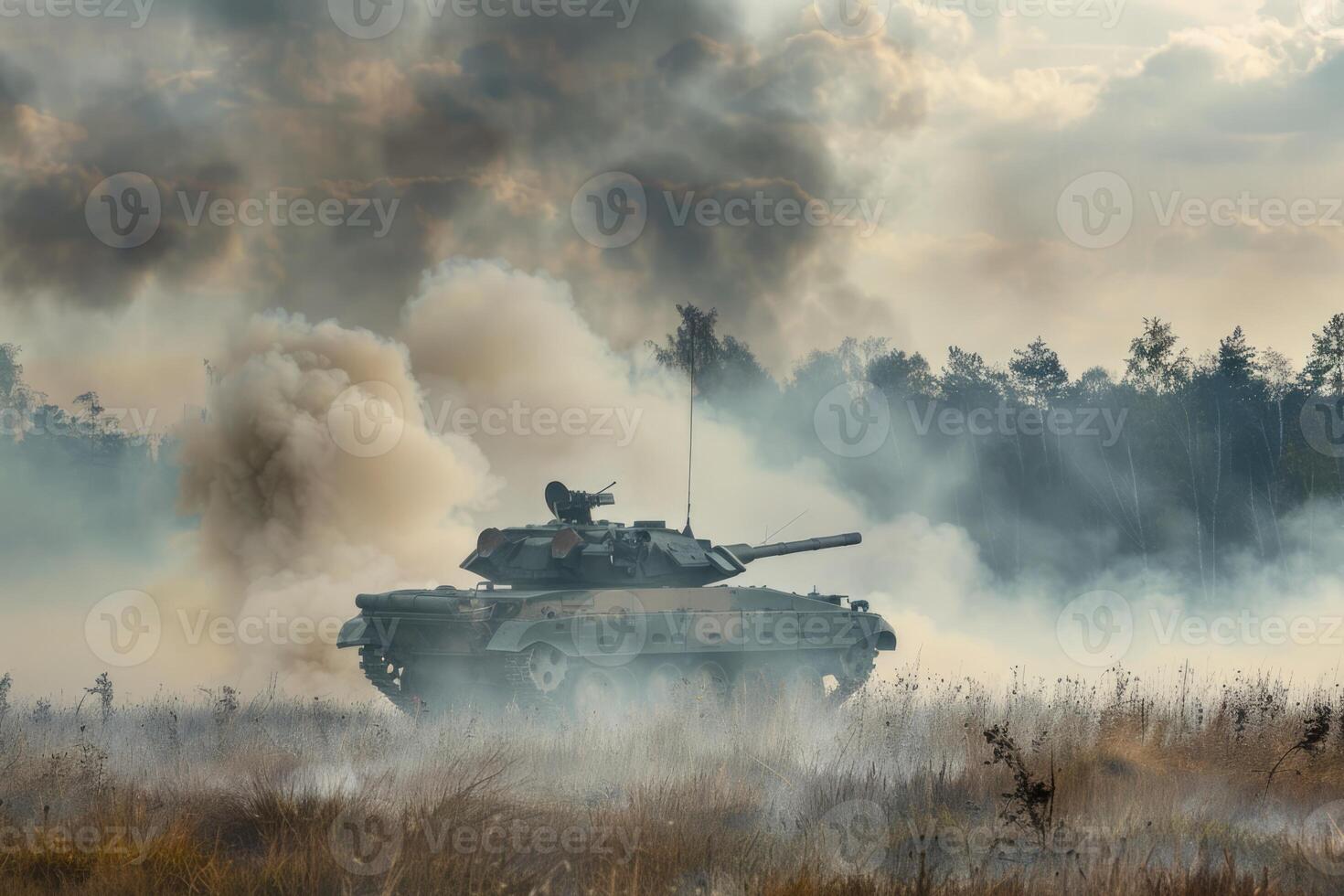 AI generated military armored vehicle crosses the field, dust and smoke around photo