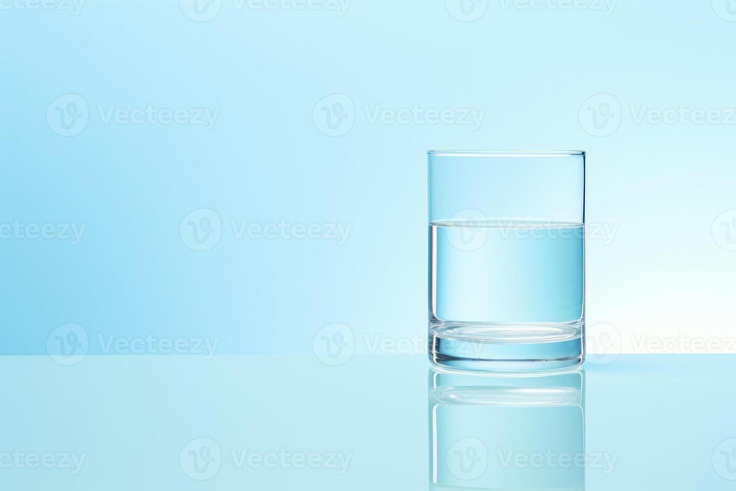 AI generated Simple photo of glass cup with drink clear beverage. Stugio shoot with single glass of mineral water on blue background with copy space.