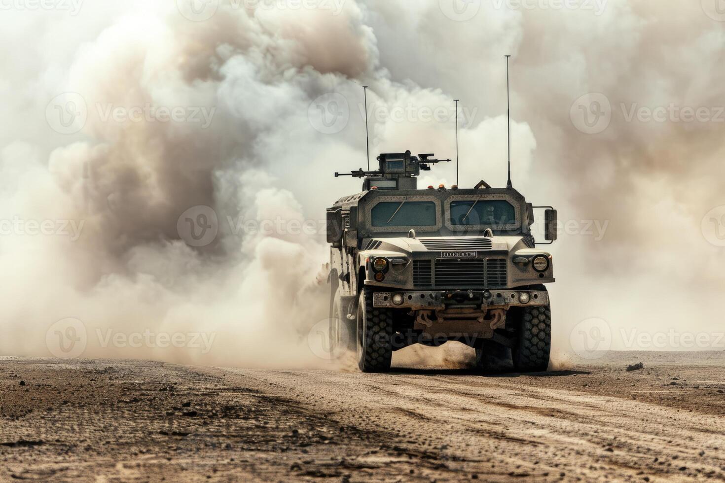 ai generado militar blindado vehículo cruces el campo, polvo y fumar alrededor foto