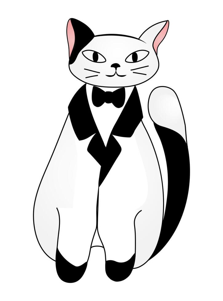 Cute black and white spotted cat isolated on white background. Vector illustration for children.