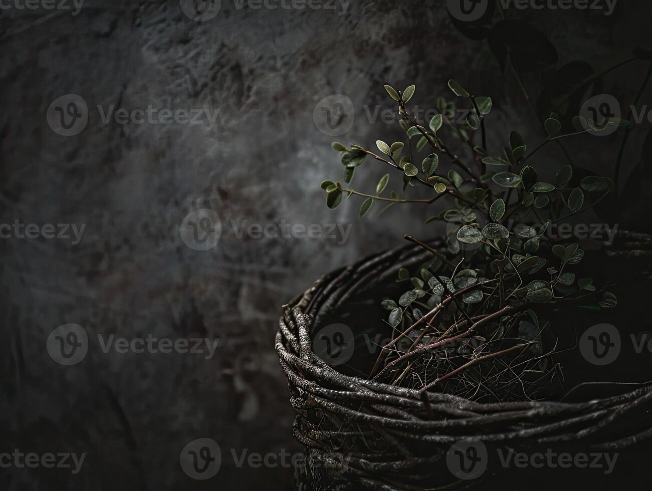 AI generated dark minimal nature scene in boho style photo