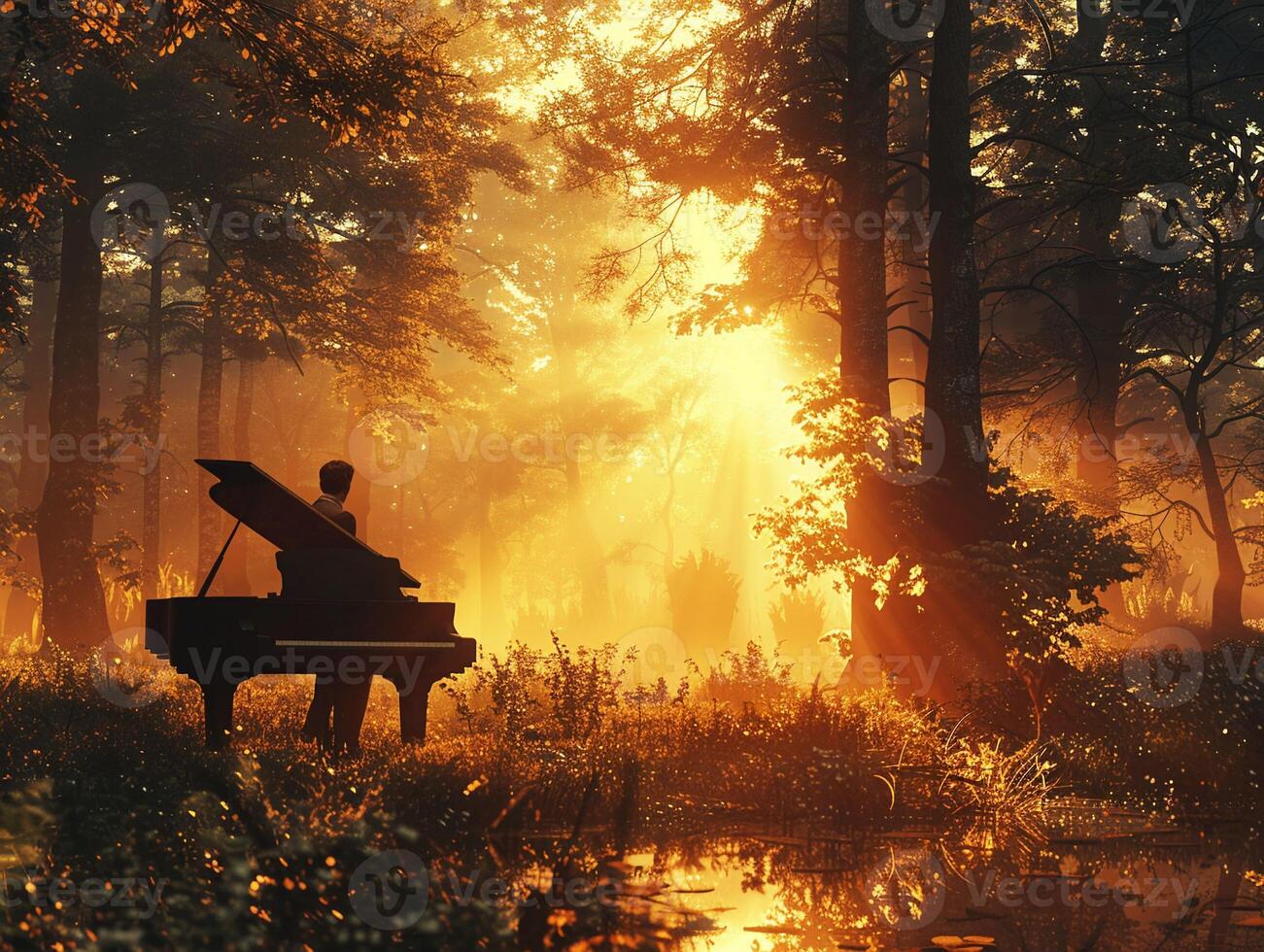 AI generated A pianist and an AI composing music in a magical forest, melodies echoing among towering trees 3D render, golden hour, lens flare photo