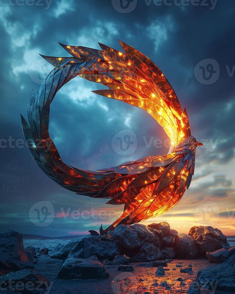 AI generated Phoenix, flames, mythical bird rising from industrial ruins, a symbol of rebirth and renewal in a futuristic setting, 3D render, Rim lighting, Chromatic Aberration photo