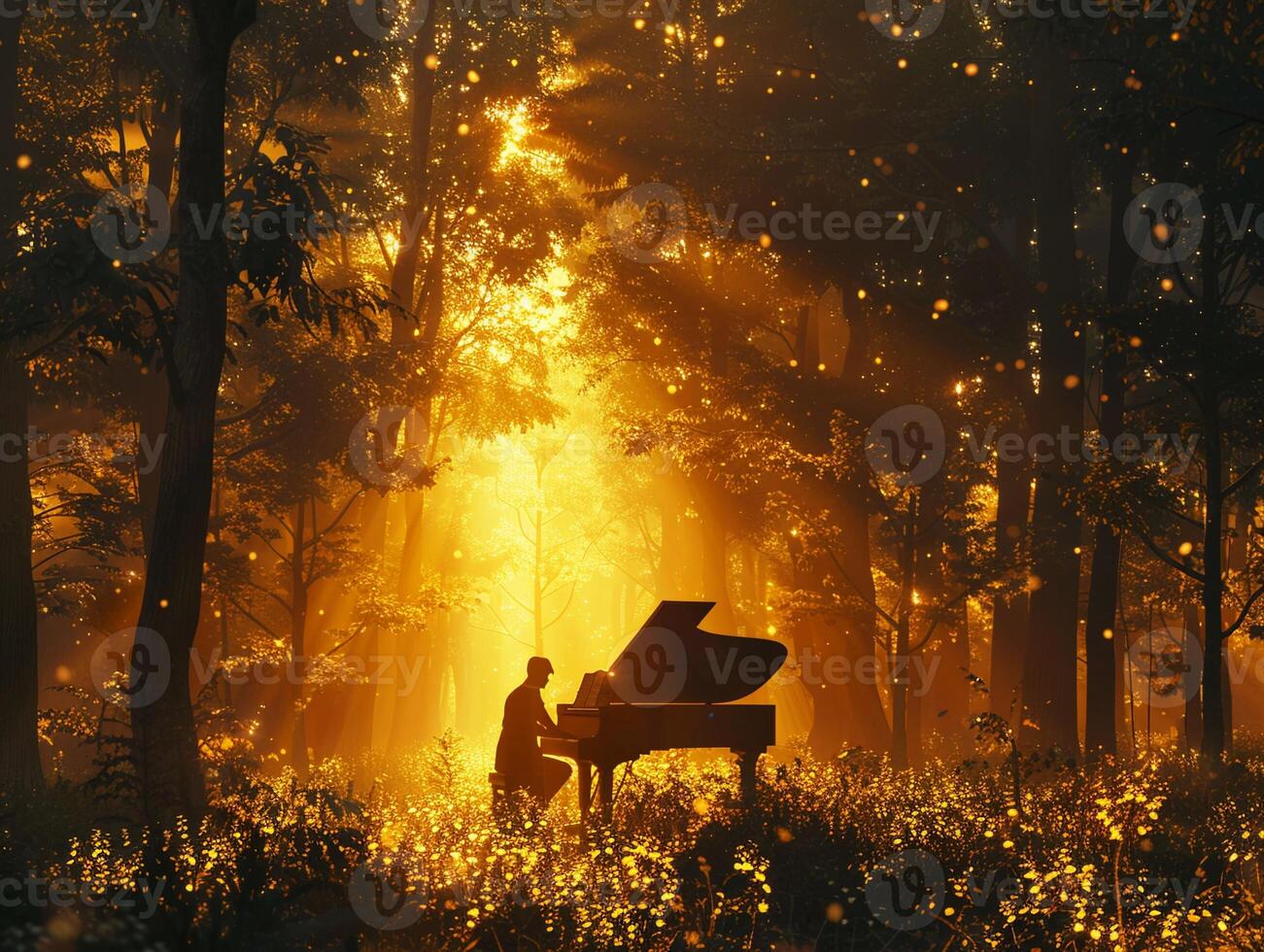 AI generated A pianist and an AI composing music in a magical forest, melodies echoing among towering trees 3D render, golden hour, lens flare photo