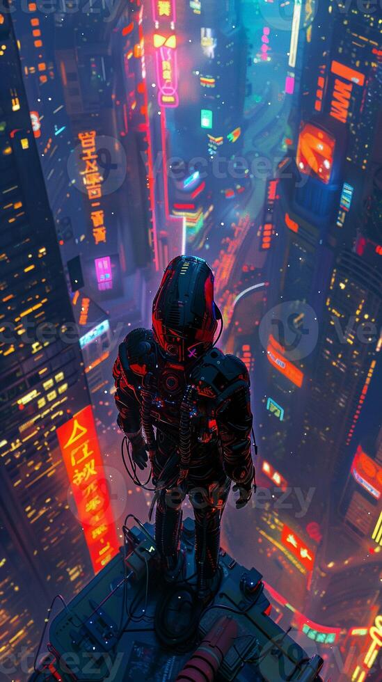 AI generated Android, metallic skin, advanced AI, wandering through a futuristic city, under neon lights, 3D render, backlighting, lens flare photo