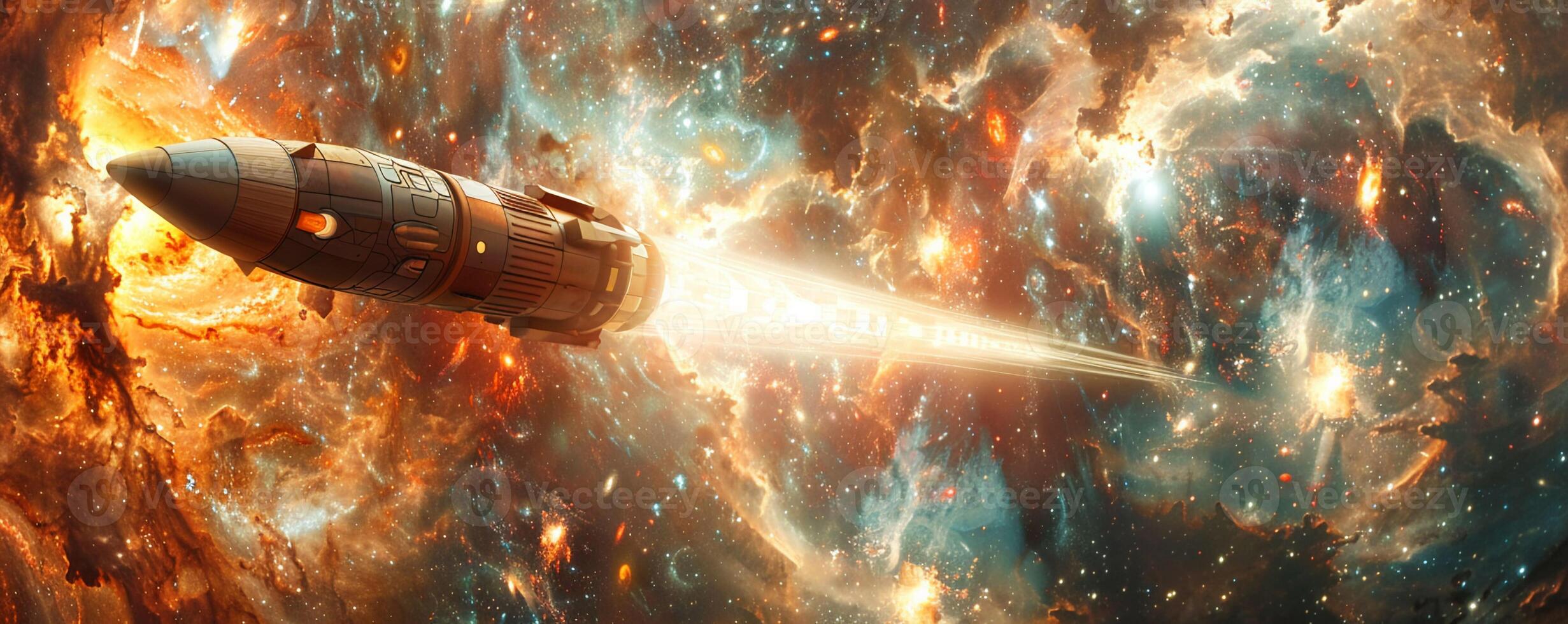 AI generated Rocket ship, sleek design, speeding through a galaxy filled with colorful nebulae and distant planets 3D render Golden hour Fish-eye Effect photo