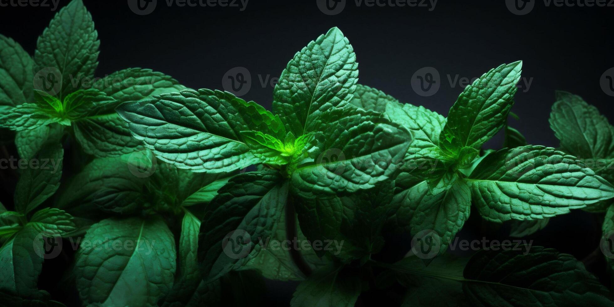 AI generated Vibrant Mint Leaves on a Stylish Black Background, Ideal for Culinary Concepts, Herbal Promotions, and Refreshing Visuals with Copy Space photo