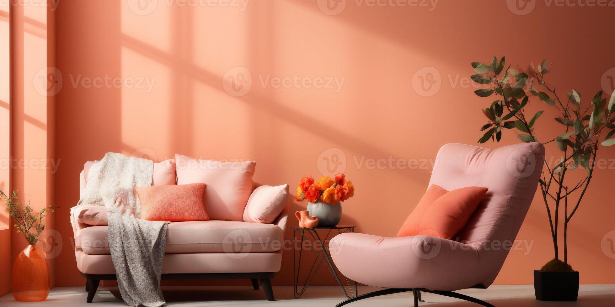 AI generated Interior of modern peach fuzz colour living room, couch with pillows and painting at the big window. Copy space. Background for text. photo