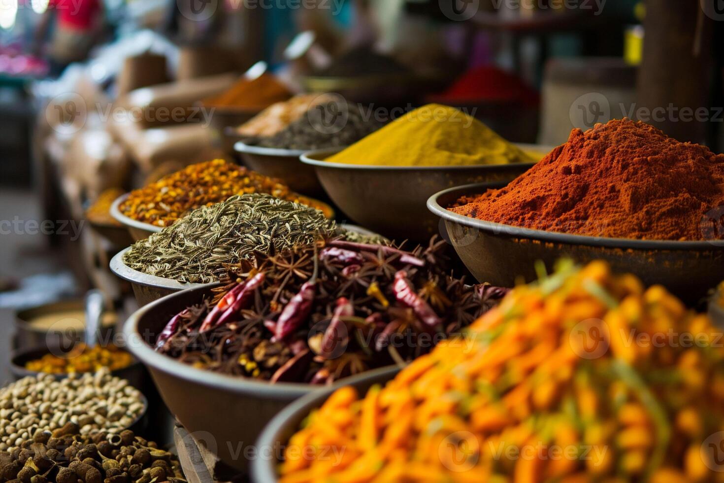 AI generated Bowls with colourful spice in market in India.A man sells spices in an Indian market. Asian or mexican food banners, advertisement. Copy space photo