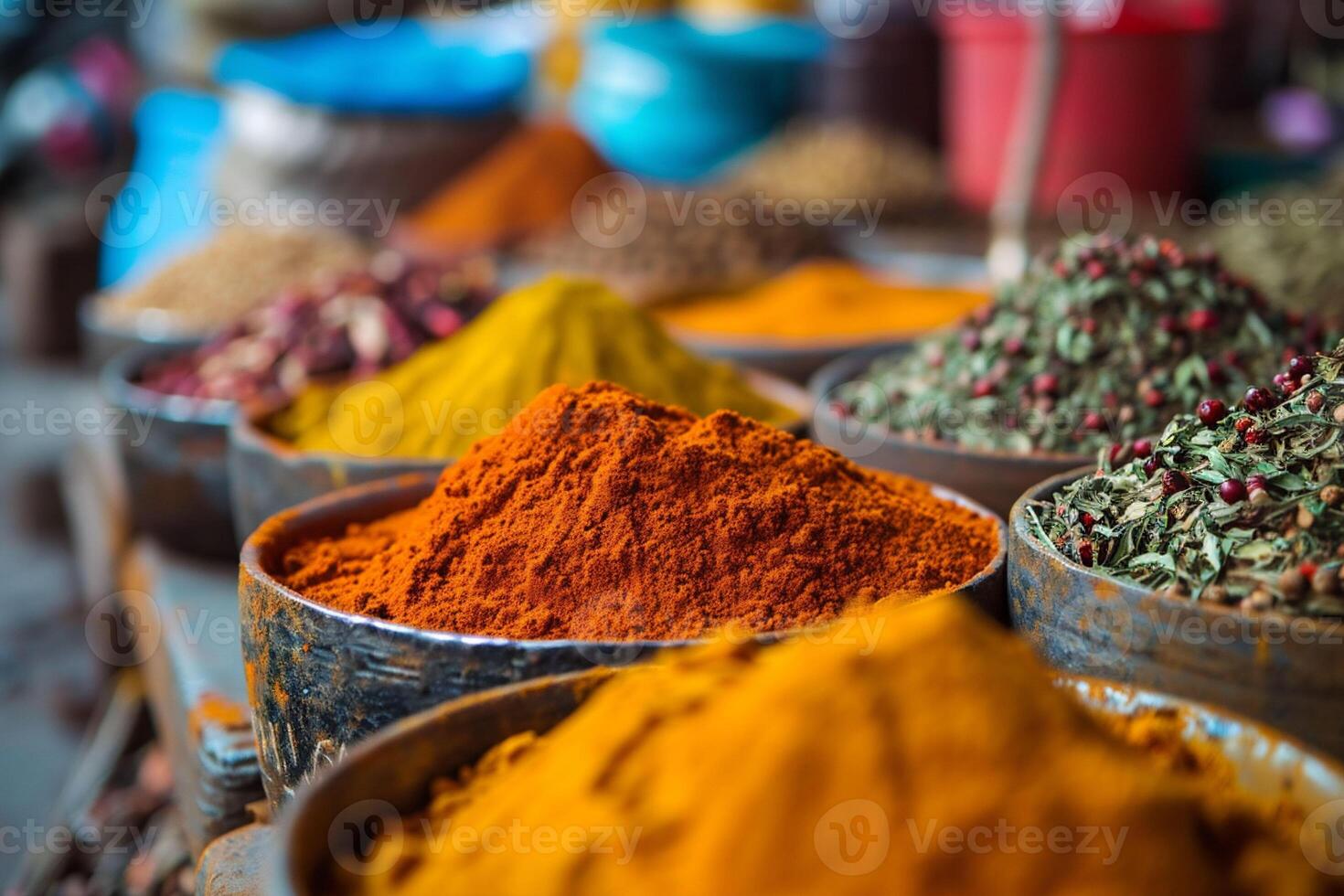 ai generado bochas con vistoso especia en mercado en india.a hombre vende especias en un indio mercado. asiático o mexicano comida pancartas, anuncio publicitario. Copiar espacio foto