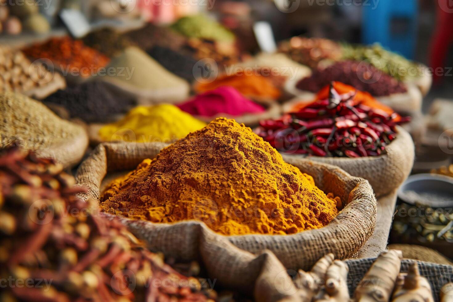 AI generated Bowls with colourful spice in market in India.A man sells spices in an Indian market. Asian or mexican food banners, advertisement. Copy space photo